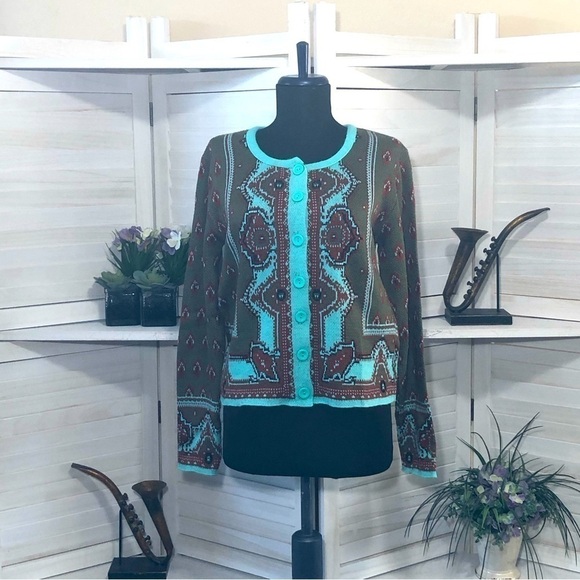 Vintage 90s Ceny Paisley Cardigan Military Green Teal Blue - Small - Picture 1 of 8